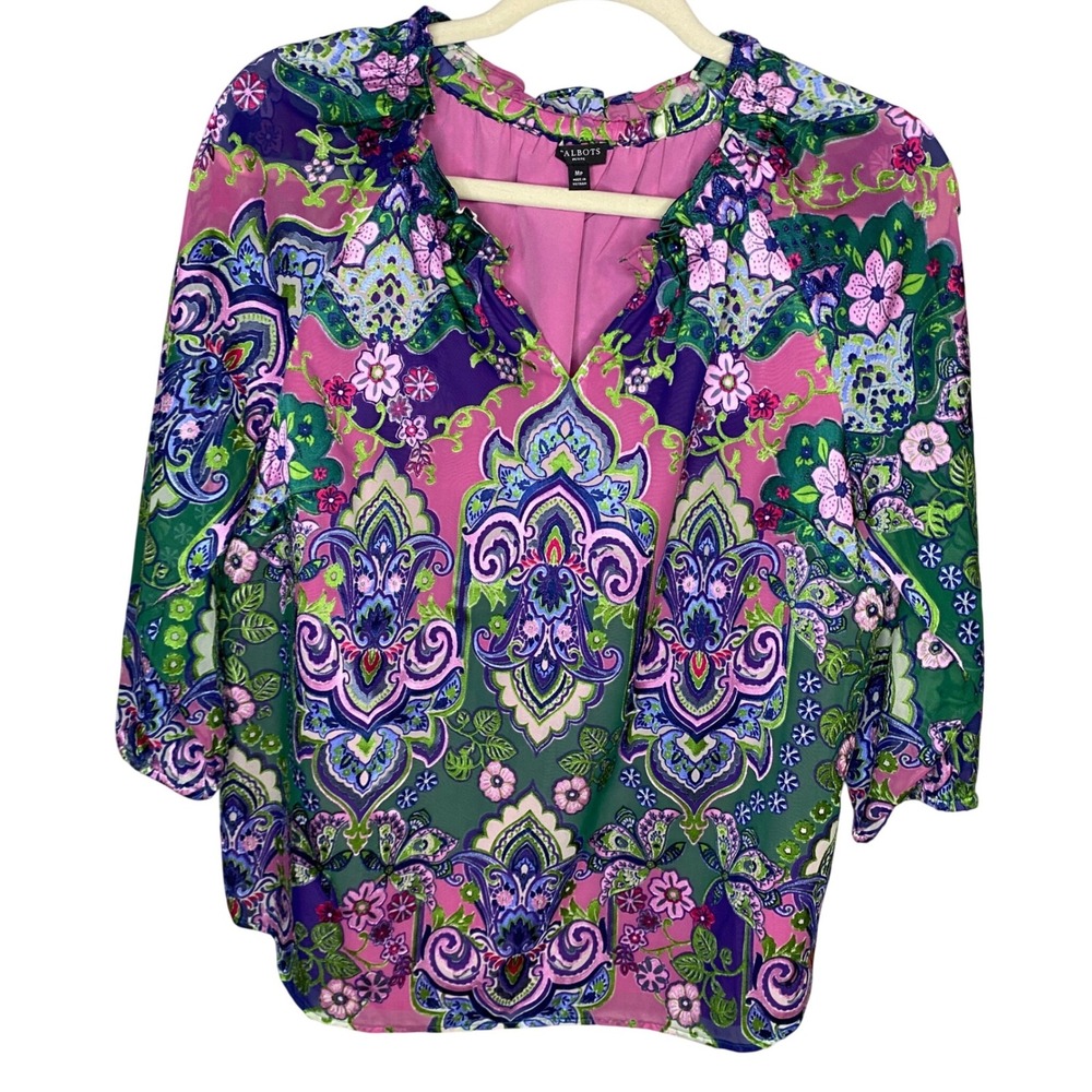 Talbots Petite MP Pink Purple Paisley Floral Ruffle V-Neck 3/4 Sleeve Blouse Top